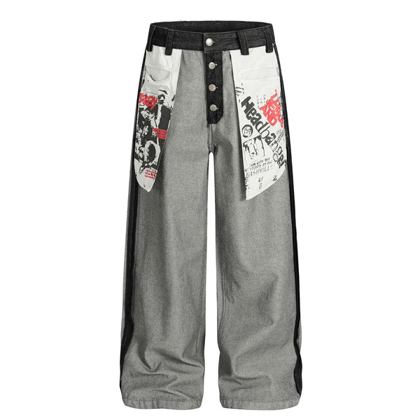 Vintage Graphic Contrast Wide-Leg Jeans