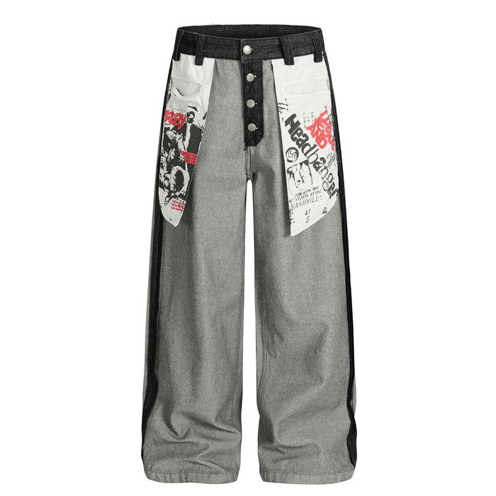 Vintage Graphic Contrast Wide-Leg Jeans