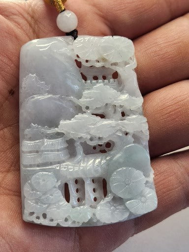 Jade Pendant Necklace, Chinese Vintage Style Outdoor Landscape, Burmese Jadeite, Certified Grade A Jade