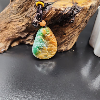 Natural Scenery Jadeite Jade Pendant Necklace, Chinese Vintage Style Outdoor Landscape, Burmese Jadeite, Certified Grade A Jade