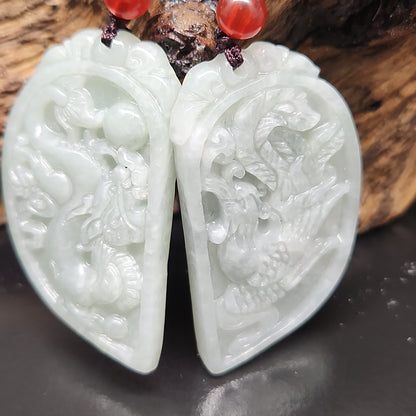 Authentic Grade A Green Jade Charm Necklace, Carving Dragon Phoenix Pair Pendant Amulet, Love Couple Pair Jadeite Jewelry Gift Men Women