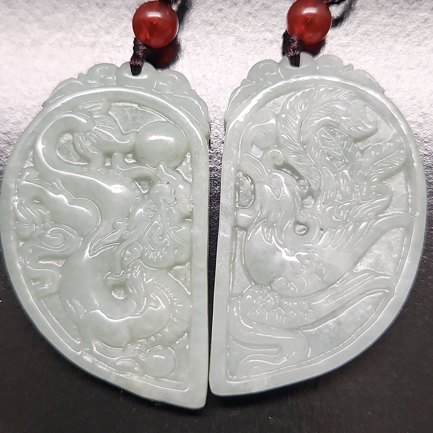 Authentic Grade A Green Jade Charm Necklace, Carving Dragon Phoenix Pair Pendant Amulet, Love Couple Pair Jadeite Jewelry Gift Men Women