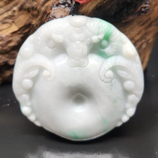 Gray Green Jadeite Jade Ox Bull Cow Chinese Zodiac Carved Necklace