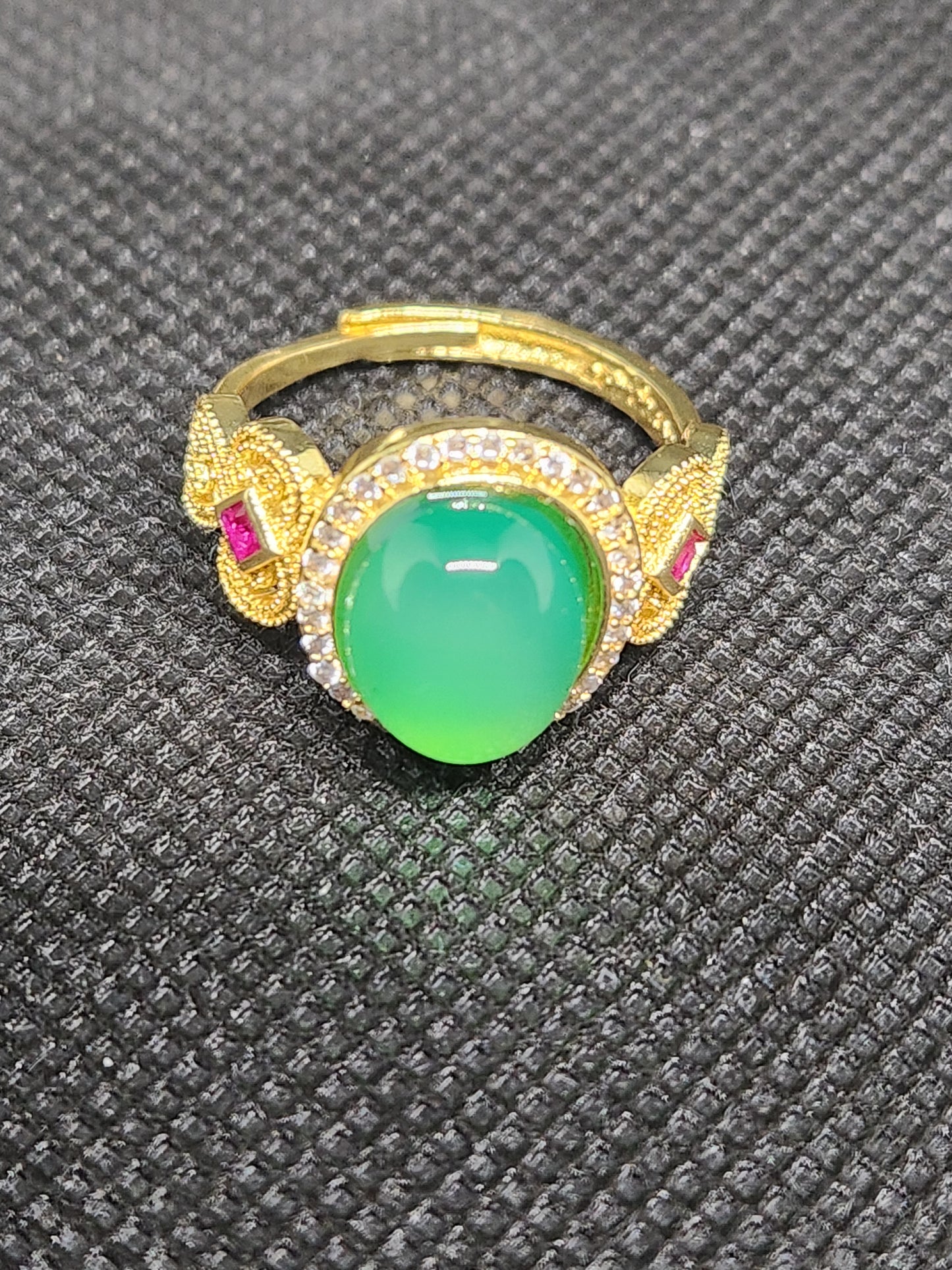 Ice Green Jade Ring, 18k Gold Plated - Adjustable Size