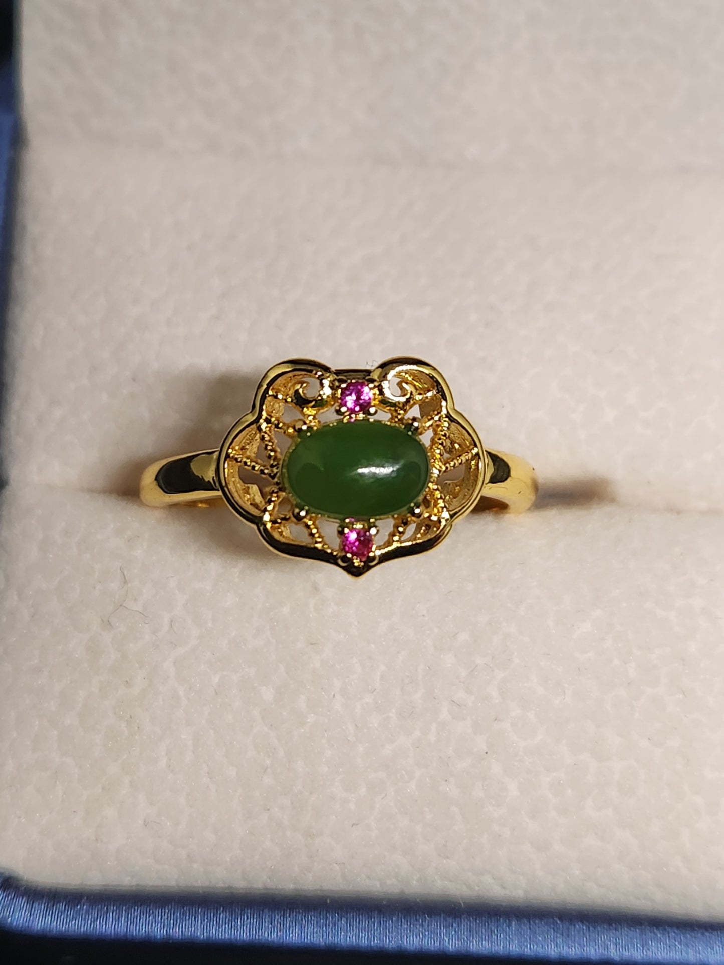 Green Jade Ring, 18k Gold Plated - Adjustable Size