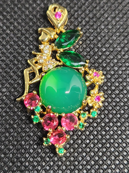 Ice Green Jade Pendant with Flowers, 24k Gold Plated