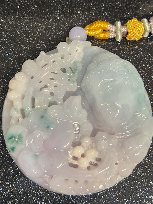 Jadeite Jade Amitabha Buddha  White and Green, purple Carved Pendant Necklace