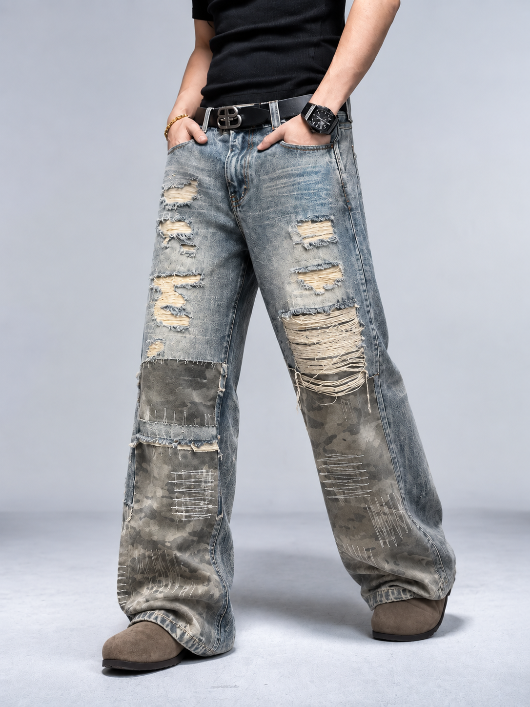 Vintage Camo Patchwork Ripped Wide-Leg Jeans