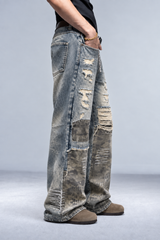 Vintage Camo Patchwork Ripped Wide-Leg Jeans
