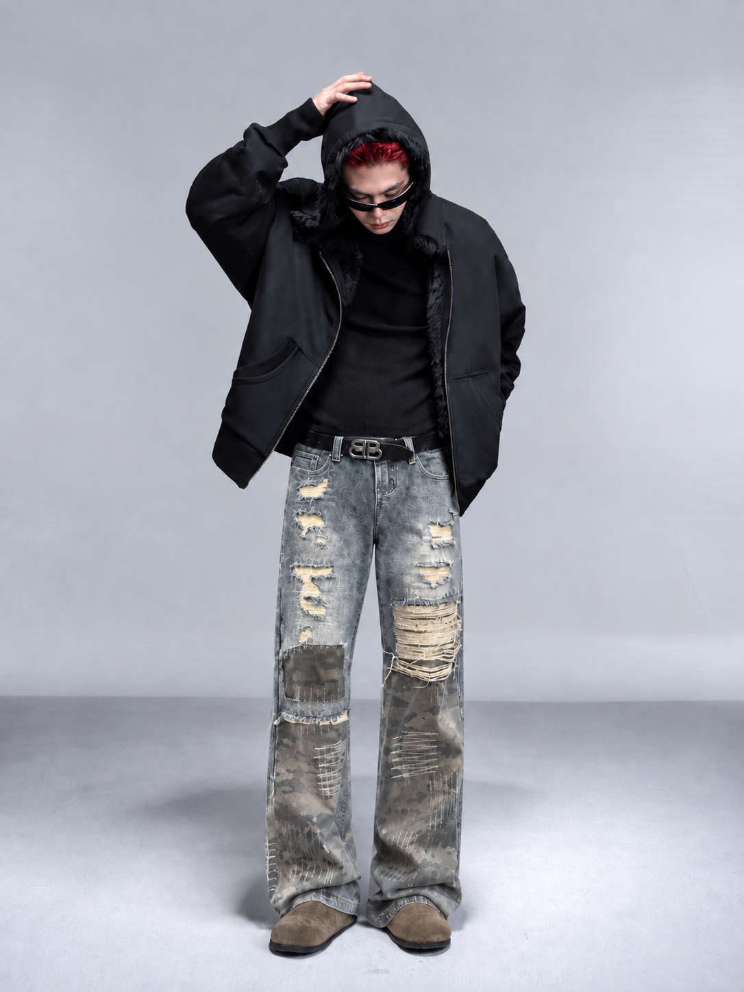 Vintage Camo Patchwork Ripped Wide-Leg Jeans