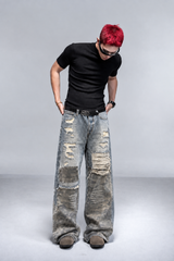 Vintage Camo Patchwork Ripped Wide-Leg Jeans