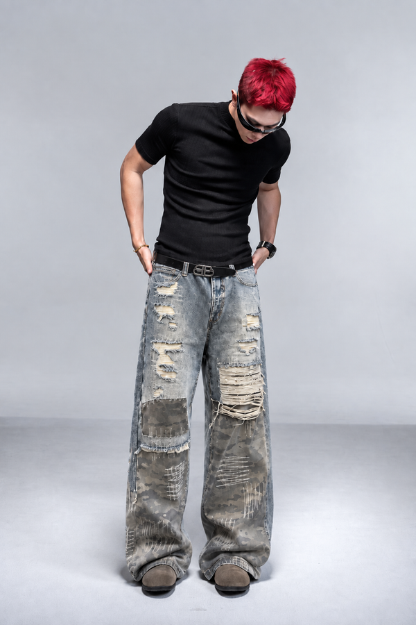 Vintage Camo Patchwork Ripped Wide-Leg Jeans