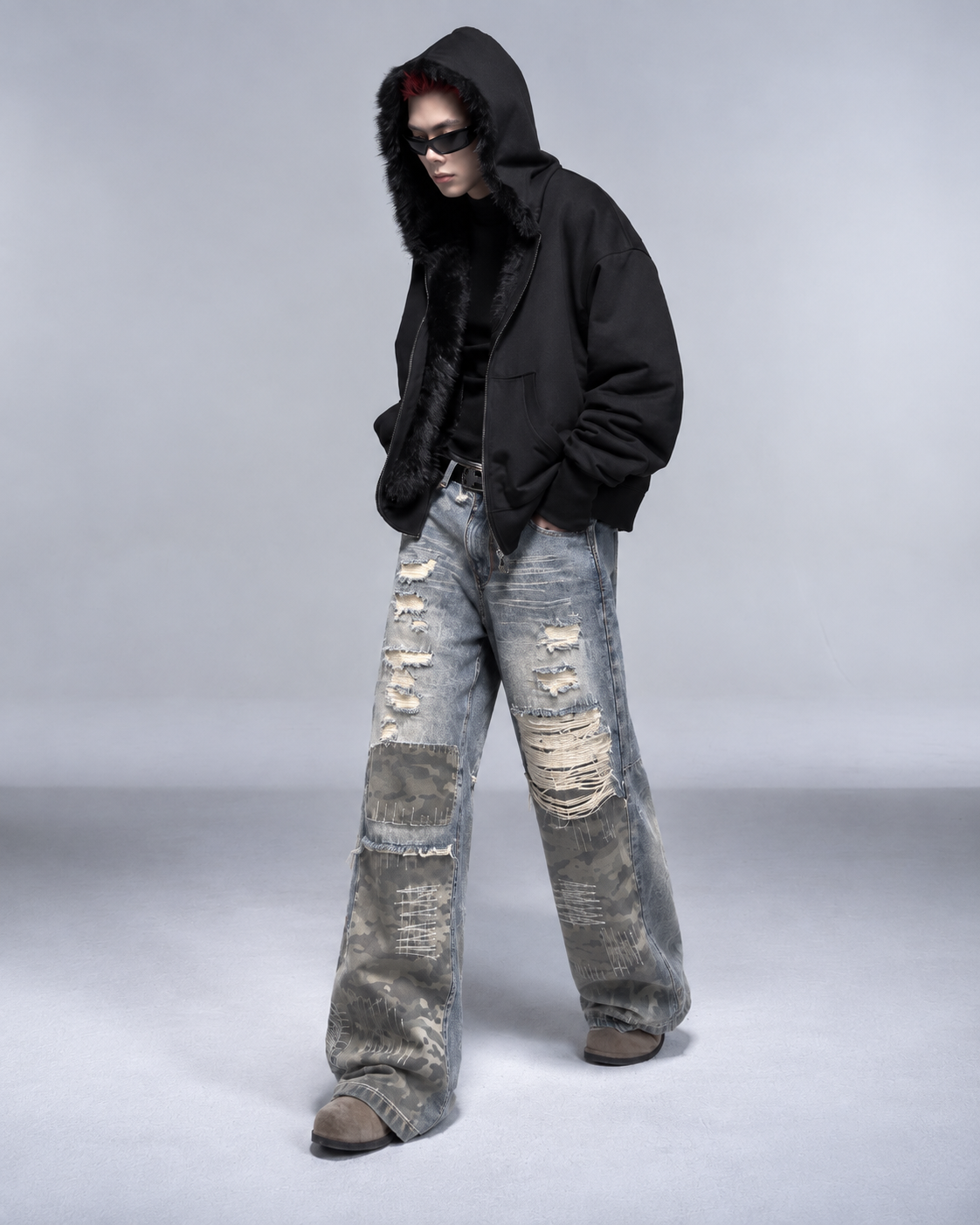 Vintage Camo Patchwork Ripped Wide-Leg Jeans