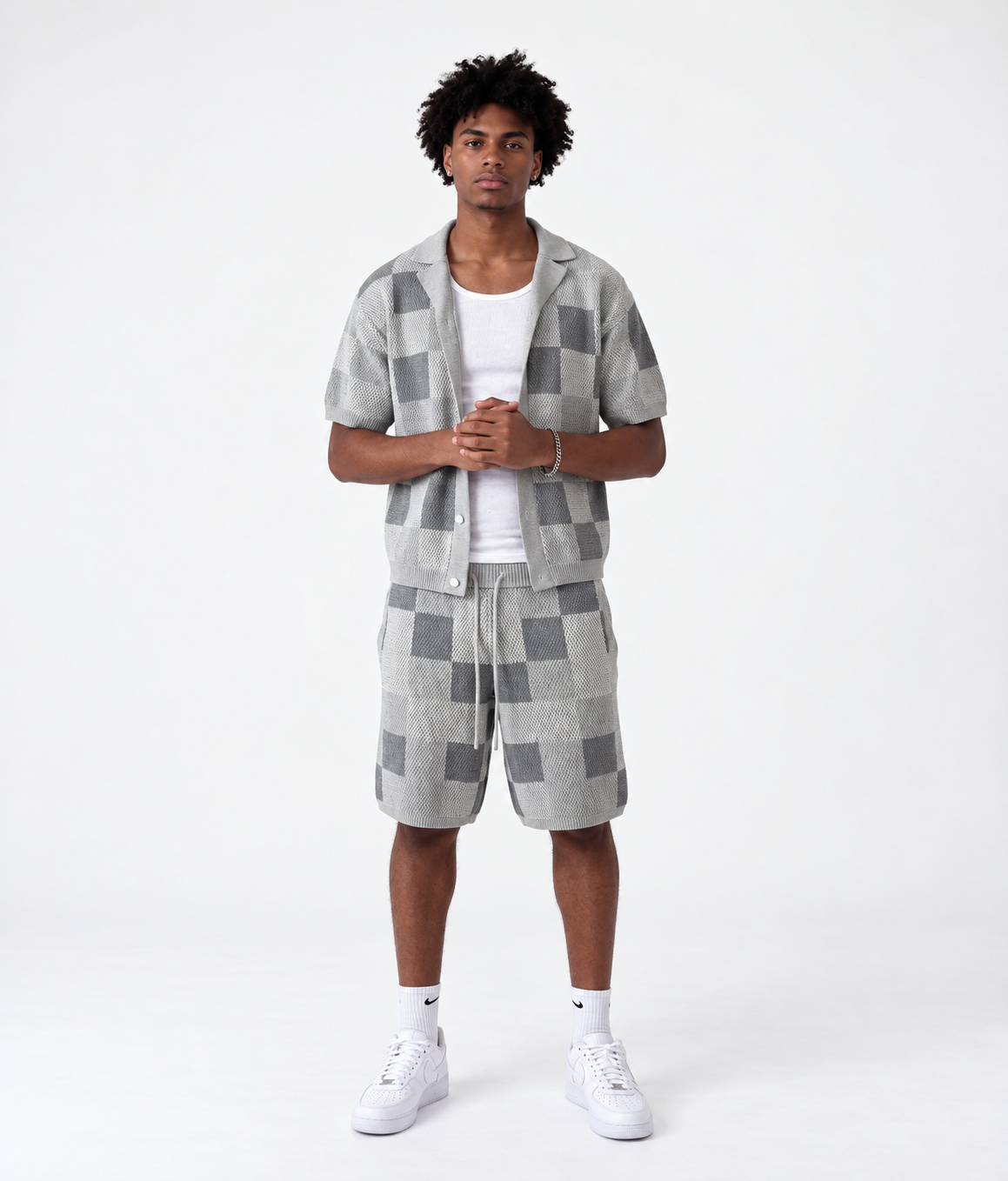 Checkerboard Knit Shirt & Shorts Set