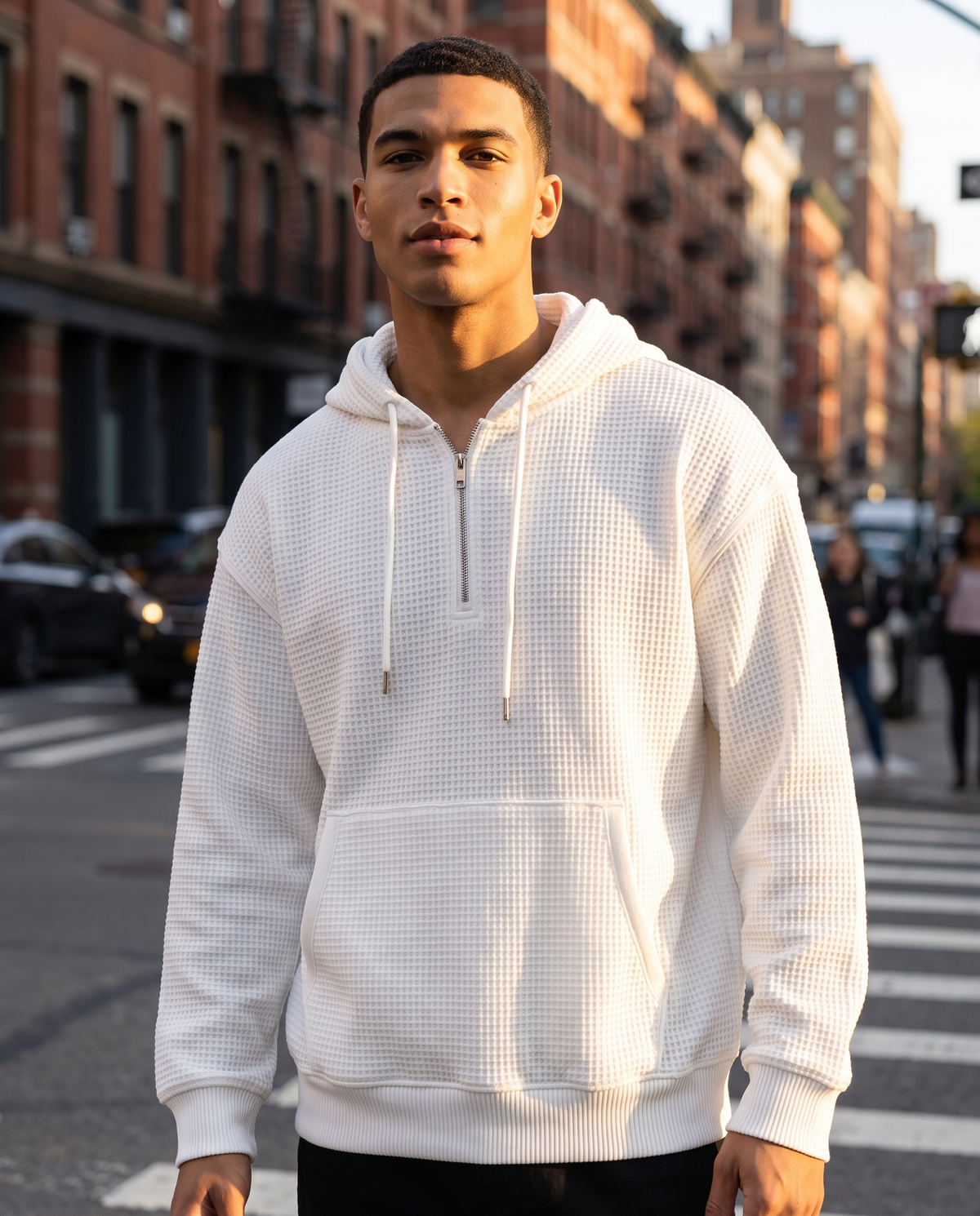 Quarter-Zip Waffle Hoodie, white, lifestyle shot