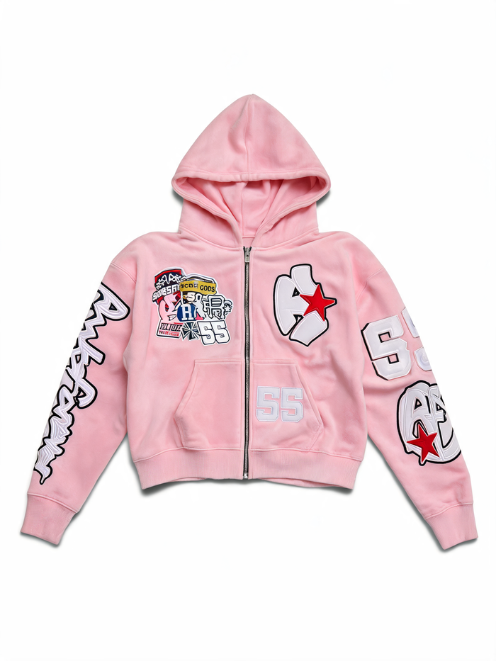 Pink Streetwear Zip-Up Hoodie