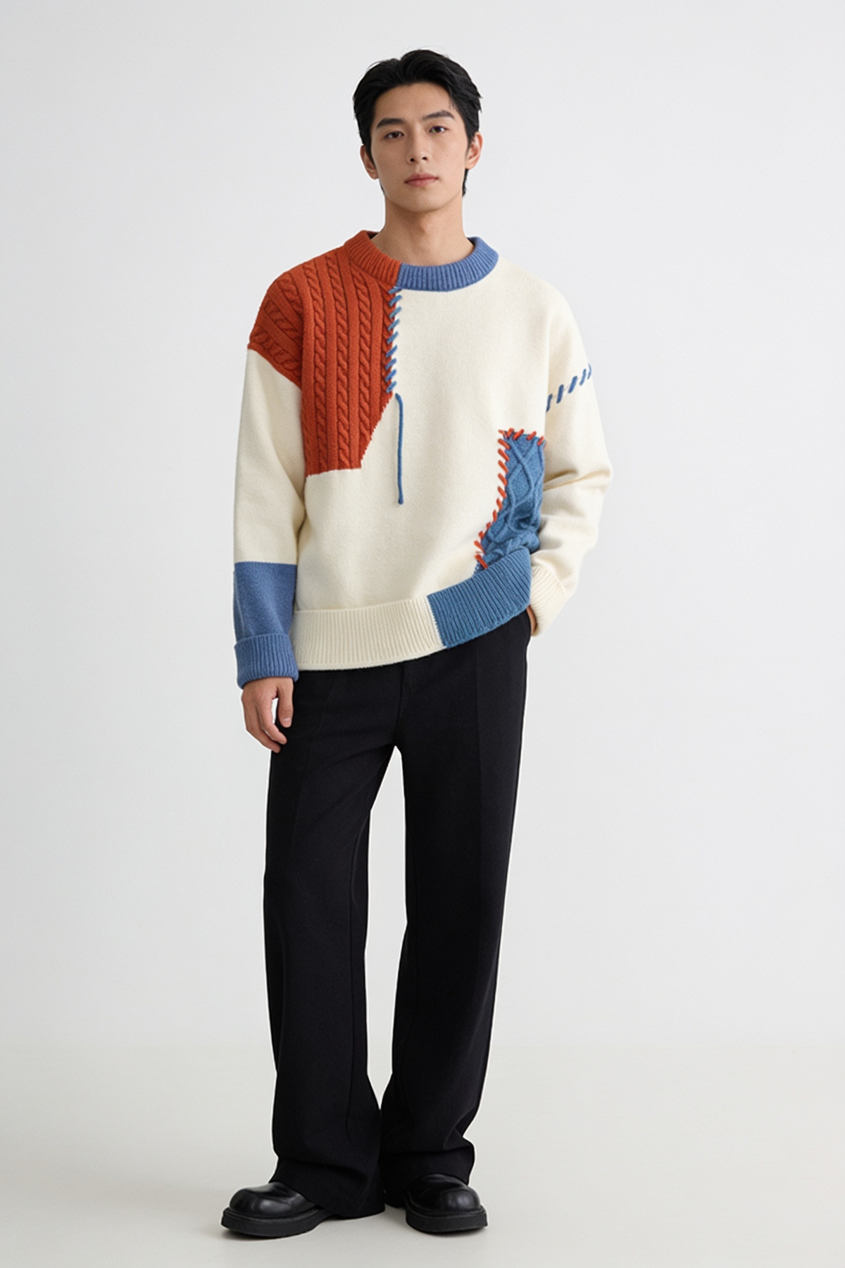 Colorblock Patchwork Knit Crewneck