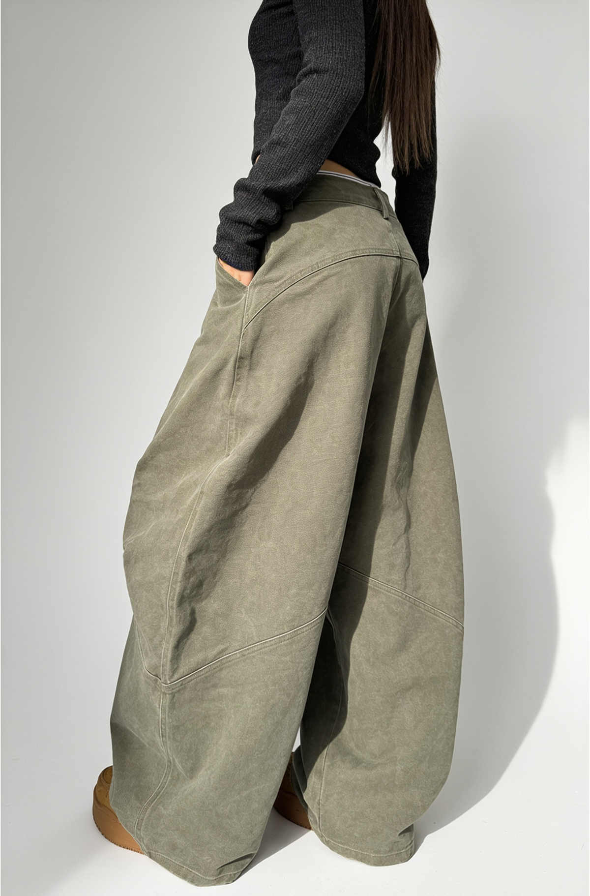 Olive Green Wide-Leg Utility Jeans